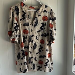Halloween Themed Blouse with Witch and Pumpkin Print
